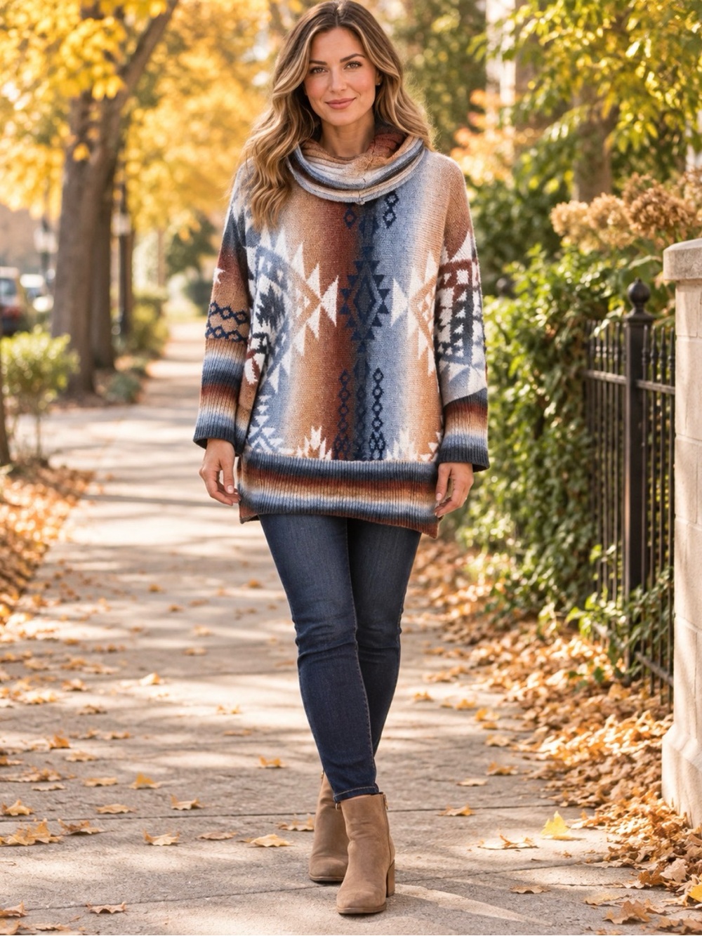 Nwot Kamana one size fits all boho southwestern print cowl tunic sweater